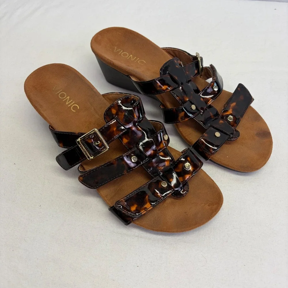 Vionic Radia Wedge Sandals Women 7 Tortoise Shell Patent Strappy Orthopedic